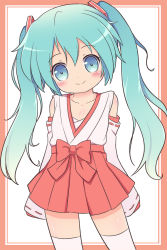 Rule 34 | 1girl, alternate costume, aqua eyes, aqua hair, blush, detached sleeves, hatsune miku, japanese clothes, long hair, looking at viewer, miko, nekono rin, smile, solo, thighhighs, twintails, vocaloid, white thighhighs, aged down