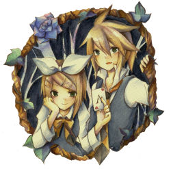 Rule 34 | 1boy, 1girl, aki-t, bad id, bad pixiv id, blonde hair, brother and sister, card, flower, green eyes, hair ornament, hair ribbon, hairclip, heart, hitobashira alice (vocaloid), holding, holding card, kagamine len, kagamine rin, necktie, ribbon, rose, short hair, siblings, smile, twins, vocaloid