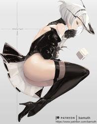 Rule 34 | 1girl, alternate costume, ass, bamuth, black dress, black gloves, blindfold, boots, character name, closed eyes, dress, eyelashes, gloves, high heel boots, high heels, highres, lying, mole, mole under mouth, nier:automata, nier (series), on side, patreon username, short hair, sleeping, sleeveless, sleeveless dress, solo, thigh boots, thighhighs, watermark, white hair, 2b (nier:automata)