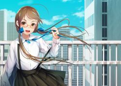 Rule 34 | 1girl, ahoge, black skirt, blue ribbon, blue sky, brown eyes, brown hair, building, cityscape, cloud, collared shirt, day, floating hair, glasses, hair ribbon, long hair, long sleeves, looking at viewer, low twintails, neck ribbon, on roof, open mouth, original, outdoors, railing, ribbon, semi-rimless eyewear, shirt, skirt, sky, smile, sody, solo, suspender skirt, suspenders, suspenders slip, twintails, under-rim eyewear, untying, upper body, white shirt, wind