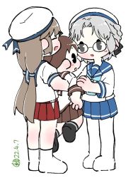 Rule 34 | 3girls, blue neckerchief, blue sailor collar, blue skirt, carrying, commentary request, closed eyes, glasses, gloves, grey hair, hat, hirato (kancolle), kantai collection, long hair, long sleeves, low twintails, mikura (kancolle), multiple girls, neckerchief, pleated skirt, puffy short sleeves, puffy sleeves, red skirt, sailor collar, sailor hat, sailor shirt, school uniform, serafuku, shikinami (kancolle), shirt, short hair, short sleeves, simple background, skirt, standing, thighhighs, tsubutarou, twintails, wavy hair, white background, white gloves, white headwear, white legwear, white shirt