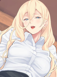 Rule 34 | 1girl, alternate costume, bad id, bad twitter id, blonde hair, blue eyes, dress shirt, hair between eyes, highres, indoors, kantai collection, long hair, looking at viewer, mole, mole under eye, mole under mouth, open mouth, parted lips, richelieu (kancolle), shingyou (alexander-13), shirt, solo, upper body, white shirt