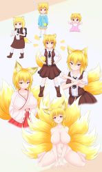 Rule 34 | 1girl, absurdres, age progression, animal ear fluff, animal ears, asymmetrical hair, baby, black necktie, blonde hair, blush, book, breasts, brown skirt, brown vest, chicken tatsumaki curry, cleavage, collared shirt, commentary request, cookie (touhou), flat chest, fox ears, fox girl, fox shadow puppet, fox tail, full body, highres, holding, holding book, japanese clothes, kimono, kindergarten uniform, kitsune, kyuubi, large breasts, looking at viewer, medium breasts, medium hair, miko, miramikaru riran, multiple tails, necktie, no nipples, open mouth, red eyes, red skirt, ribbon-trimmed sleeves, ribbon trim, shirt, short sleeves, sidelocks, skirt, tail, two tails, vest, white kimono, white shirt