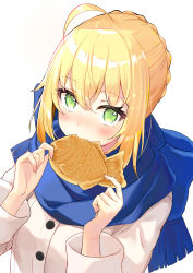 Rule 34 | 1girl, ahoge, artoria pendragon (all), artoria pendragon (fate), bad id, bad twitter id, blonde hair, blue scarf, blush, braid, dutch angle, eating, fate/stay night, fate (series), food, french braid, green eyes, hair between eyes, highres, looking at viewer, miruto netsuki, official alternate costume, saber (fate), scarf, solo, taiyaki, wagashi, white background