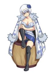 Rule 34 | 1girl, barrel, bob cut, breasts, brown eyes, cleavage, coat, fairy tail, hair between eyes, hair ornament, highres, huge breasts, large breasts, looking at viewer, mashima hiro, official art, shirt, short shorts, shorts, simple background, sitting, smile, striped clothes, striped shirt, thighs, white background, white coat, yukino aguria