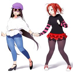 Rule 34 | 2girls, :d, belt, black legwear, bracelet, brown hair, clenched hand, contemporary, denim, earrings, fate/grand order, fate (series), hair between eyes, hat, high heels, highres, holding hands, jeans, jewelry, long hair, multiple girls, nezha (fate), onsoku inu, open mouth, pants, pantyhose, purple eyes, red eyes, red hair, scrunchie, shoes, side ponytail, skirt, smile, sneakers, teeth, very long hair, xuangzang sanzang (fate)