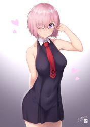 Rule 34 | 1girl, adjusting eyewear, arm behind back, arm up, bare arms, bare shoulders, black-framed eyewear, black dress, blush, breasts, closed mouth, collarbone, collared dress, commentary request, covered navel, dated, dress, eyes visible through hair, fate/grand order, fate (series), glasses, gradient background, hair between eyes, hair over one eye, hand on eyewear, heart, highres, looking at viewer, mash kyrielight, medium breasts, mku, necktie, no legwear, pink hair, print necktie, purple eyes, red necktie, short hair, simple background, sleeveless, sleeveless dress, smile, solo