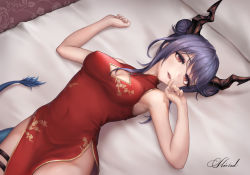 Rule 34 | 1girl, arknights, armpits, bare arms, bare shoulders, bed, breasts, ch&#039;en (ageless afterglow) (arknights), ch&#039;en (arknights), china dress, chinese clothes, cleavage, cleavage cutout, clothing cutout, covered erect nipples, covered navel, double bun, dragon girl, dragon horns, dragon tail, dress, hair bun, hand on own face, highres, horns, kie (wylee2212), looking at viewer, lying, medium breasts, official alternate costume, on back, on bed, parted lips, pelvic curtain, purple hair, red dress, red eyes, short hair with long locks, sidelocks, signature, sleeveless, sleeveless dress, smile, solo, swept bangs, tail, thigh strap