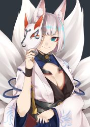 Rule 34 | 1girl, animal ears, azur lane, blue eyes, breasts, cleavage, commentary request, e draw paint, fox ears, fox mask, fox tail, highres, japanese clothes, kaga (azur lane), large breasts, looking at viewer, mask, multiple tails, short hair, smile, solo, tail, white hair, wide sleeves