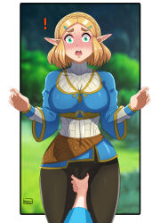 ! 1boy 1girl absurdres angelox27 blonde_hair blush border breasts cameltoe ear_blush elf embarrassed green_eyes hetero highres large_breasts link nintendo nose_blush outside_border pointy_ears pov pov_hands princess_zelda pussy short_hair squeezing surprised the_legend_of_zelda the_legend_of_zelda:_tears_of_the_kingdom white_border