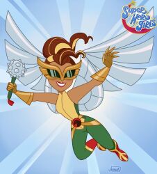Rule 34 | 1girl, armor, belt, blue background, boots, brown hair, dc comics, dc super hero girls, egitojuniior, eyes visible through eyewear, full body, gloves, gold armor, green pants, hawkgirl, holding, holding weapon, mace, metal wings, official style, pants, ponytail, red footwear, signature, smile, solo, spike ball, spiked mace, spikes, sunglasses, superhero costume, teeth, weapon, wings