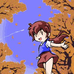 Rule 34 | 13th coffin, 1girl, :d, autumn, autumn leaves, blue sky, day, dithering, falling leaves, jaggy lines, leaf, low ponytail, lowres, oekaki, open mouth, original, outdoors, ponytail, red hair, red skirt, short sleeves, sidelocks, skirt, sky, smile, solo, tree