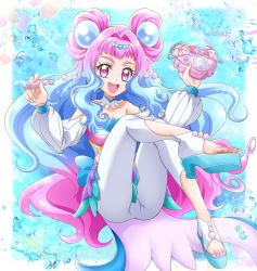 Rule 34 | 1girl, :d, blue background, blue hair, blue nails, border, choker, collarbone, cure la mer, detached sleeves, floating hair, full body, hair intakes, hanzou, highres, holding, laura (precure), layered skirt, long hair, long sleeves, looking at viewer, miniskirt, nail polish, open mouth, pants, pink eyes, pink hair, pink nails, precure, skirt, smile, solo, strapless, toenail polish, toenails, tropical-rouge! precure, very long hair, white border, white pants, white sleeves
