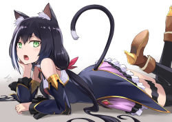Rule 34 | 1girl, animal ear fluff, animal ears, bad id, bad pixiv id, bare shoulders, black dress, black hair, black thighhighs, brown footwear, cat ears, cat girl, cat tail, detached sleeves, dress, frills, gold trim, green eyes, head rest, karyl (princess connect!), legs up, long hair, long sleeves, looking at viewer, lying, multicolored hair, on stomach, princess connect!, shoes, simple background, solo, streaked hair, sweatdrop, tail, tail raised, tea (nakenashi), thigh strap, thighhighs, very long hair, white background