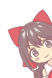 Rule 34 | &gt;:), 1girl, 610480663, blush stickers, bow, brown eyes, brown hair, collared shirt, deformed, detached sleeves, dot nose, frilled hair tubes, frills, hair between eyes, hair bow, hair tubes, hakurei reimu, long hair, looking at viewer, red bow, red vest, shirt, sidelocks, simple background, tareme, touhou, v-shaped eyebrows, vest, white background, white shirt