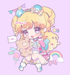 Rule 34 | 1girl, :d, bear ear hairband, blonde hair, blue hairband, blush, bow, candy, chibi, envelope, food, full body, hair bow, hair ornament, hairband, hand on own cheek, hand on own face, holding, holding stuffed toy, hoshikuzu (pinkholic), idol time pripara, invisible chair, jacket, lollipop, long hair, long sleeves, looking at viewer, open mouth, pink background, pink jacket, pretty series, pripara, purple eyes, rainbow, ringlets, shoes, sitting, smile, solo, star (symbol), star hair ornament, string of flags, stuffed animal, stuffed toy, swirl lollipop, teddy bear, two side up, yumekawa yui