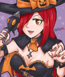 Rule 34 | 1girl, breasts, cape, cleavage, fangs, hair over one eye, half-closed eyes, halloween, halloween costume, hamu agaki, hat, highres, nail polish, orange nails, parasoul (skullgirls), purple background, red hair, skullgirls, smile, solo, upper body, witch hat, yellow eyes