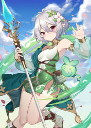 Rule 34 | 1girl, armpits, ass, blurry, breasts, depth of field, dress, flower, footwear request, hair between eyes, hair flower, hair ornament, highres, holding, holding polearm, holding spear, holding weapon, kikistark, kokkoro (princess connect!), looking at viewer, neckwear request, pink eyes, pointy ears, polearm, princess connect!, see-through, short hair, sky, small breasts, solo, spear, staff, standing, tagme, weapon, white hair