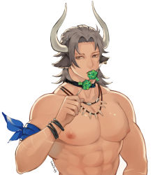 Rule 34 | 1boy, abs, animal ears, arknights, bad id, bad pixiv id, bandana, broccoli, brown eyes, brown hair, cow boy, cow ears, cow horns, earrings, eating, highres, horns, jewelry, ketanbakar, large pectorals, male focus, matterhorn (arknights), matterhorn (beach guard) (arknights), medium hair, muscular, muscular male, necklace, nipples, nude, official alternate costume, pectorals, solo, tooth necklace, upper body, white background