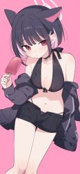 Rule 34 | 1girl, absurdres, animal ears, bikini, black bikini, black hair, black jacket, black shorts, blue archive, breasts, cleavage, commentary request, extra ears, food, hair ornament, hairclip, halo, highres, holding, jacket, kazusa (blue archive), medium breasts, navel, open fly, pink background, popsicle, short hair, shorts, simple background, solo, swimsuit, thighs, white halo, ymm007xx