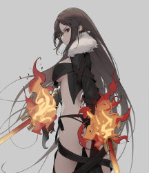 Rule 34 | 1girl, absurdres, ass, black dress, black gloves, black jacket, blush, breasts, brown hair, cotta (heleif), cropped jacket, dress, dual wielding, earrings, elbow gloves, fate/grand order, fate (series), fire, fur-trimmed jacket, fur trim, gloves, highres, holding, jacket, jewelry, large breasts, long hair, looking back, multiple earrings, open clothes, open jacket, red eyes, ribbon-trimmed dress, solo, sword, thighs, underboob, very long hair, weapon, yu mei-ren (fate)
