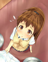 Rule 34 | 1boy, 1girl, apron, blush, breasts, brown eyes, brown hair, from above, long hair, looking up, open mouth, ponytail, restaurant, skirt, solo, steam (artist), suchiimu, taneshima popura, tears, waitress, working!!