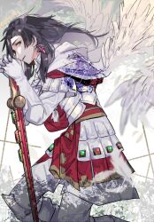 Rule 34 | 1boy, angel wings, armor, black eyes, black hair, boots, cloak, constantine xi (fate), cross, earrings, fate/grand order, fate (series), faulds, feathers, feet out of frame, gloves, hair between eyes, halo, hands on hilt, highres, holding, holding sword, holding weapon, jewelry, k lun, kneeling, long hair, long sleeves, looking at viewer, male focus, pants, parted lips, poleyn, profile, red sash, sash, sheath, sheathed, sideways glance, solo, sword, tassel, tunic, weapon, white armor, white background, white cloak, white footwear, white gloves, white pants, white tunic, white wings, wings