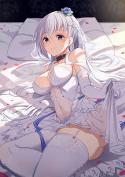 Rule 34 | 1girl, absurdres, arm support, ass, azur lane, baseness, bed sheet, belfast (azur lane), blue eyes, blush, braid, breasts, bridal veil, bride, cleavage, closed mouth, clothes lift, collar, collarbone, dress, dress lift, elbow gloves, flower, french braid, garter straps, gloves, hair flower, hair ornament, highres, large breasts, long hair, looking at viewer, lying, navel, on bed, petals, pillow, see-through, sidelocks, silver hair, skindentation, smile, solo, stomach, strapless, strapless dress, thighhighs, thighs, veil, wedding dress, white gloves, white thighhighs