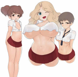 Rule 34 | 3girls, ;d, adapted costume, alisa (girls und panzer), arm behind back, blonde hair, blue eyes, breasts, brown eyes, brown hair, covering privates, covering ass, crop top, cropped legs, dress shirt, freckles, frown, girls und panzer, glaring, grimace, groin, hair intakes, hair ornament, half-closed eyes, highres, kay (girls und panzer), large breasts, long hair, looking at viewer, medium breasts, microskirt, miniskirt, multiple girls, naomi (girls und panzer), navel, one eye closed, open mouth, pleated skirt, red skirt, saunders school uniform, school uniform, shirt, short hair, short sleeves, short twintails, simple background, skirt, small breasts, smile, standing, star (symbol), star hair ornament, sweatdrop, twintails, underboob, very short hair, wata do chinkuru, white background, white shirt, wing collar