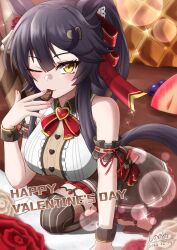 Rule 34 | 1girl, alternate costume, animal ears, armband, bandaid, bandaid on face, bandaid on nose, black hair, blush, bow, breasts, brown skirt, brown thighhighs, center frills, chocolate, commentary request, ear ornament, flower, food, frills, fruit, garter straps, happy valentine, highres, horse ears, horse girl, large breasts, lens flare, long hair, mouth hold, narita brian (umamusume), one eye closed, ponytail, red bow, rose, shinonome (shinonome rynn), shirt, signature, skirt, sleeveless, sleeveless shirt, solo, strawberry, thighhighs, umamusume, valentine, wrist cuffs