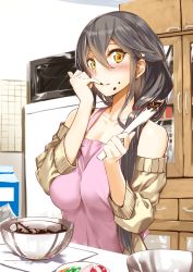 Rule 34 | 1girl, alternate costume, apron, black hair, blush, chocolate, collarbone, commentary request, cooking, food, food on face, hair between eyes, hair over shoulder, haruna (kancolle), holding, kantai collection, kitchen, kyougoku touya, long hair, looking at viewer, off-shoulder, off-shoulder sweater, off shoulder, pink apron, solo, sweater, yellow eyes