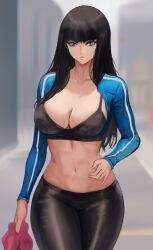 Rule 34 | 1girl, black bra, black hair, black pants, blue eyes, blue jacket, blurry, blurry background, bra, breasts, cleavage, highres, holding, jacket, large breasts, long hair, navel, nico robin, one piece, open clothes, open jacket, pants, sports bra, towel, underwear, vcais, yoga pants
