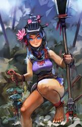 Rule 34 | 1girl, ankleband, barefoot, blue eyes, blue hair, breasts, closed mouth, fang, fang out, fish, flower, highres, holding, holding polearm, holding weapon, level-00, light blue hair, long hair, medium breasts, original, pink flower, pink pupils, polearm, red lips, smile, solo, weapon