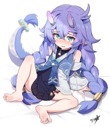 Rule 34 | 1girl, absurdres, aqua eyes, bailu (honkai: star rail), bare shoulders, barefoot, blush, boppin, braid, commentary, crossed bangs, detached sleeves, dragon girl, dragon horns, dragon tail, dress, feet, flat chest, full body, hair between eyes, hair tubes, highres, honkai: star rail, honkai (series), horns, long hair, looking at viewer, nose blush, paid reward available, parted lips, purple hair, signature, sitting, soles, solo, tail, toes, twin braids, very long hair, white background