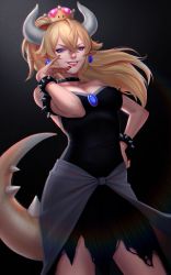 Rule 34 | 1girl, adapted costume, backlighting, bad id, bad pixiv id, bare shoulders, black background, black dress, black nails, blonde hair, blue gemstone, bowsette, breasts, brooch, cleavage, collarbone, cowboy shot, dress, earrings, eyeliner, eyeshadow, fingernails, gem, grin, hair between eyes, hand on own hip, hand to own mouth, highres, horns, jewelry, light, light particles, lipstick, long hair, looking at viewer, makeup, mario (series), mascara, medium breasts, nail polish, new super mario bros. u deluxe, nintendo, pointy ears, ponytail, qugodog, red lips, sharp fingernails, sharp teeth, short dress, short hair, sidelocks, simple background, smile, solo, spiked tail, super crown, tail, teeth, thighs, torn clothes, torn dress, tsurime, waist cape, wide ponytail, wind