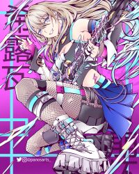 Rule 34 | 1girl, ankle boots, artist name, asymmetrical clothes, blonde hair, blue eyes, blue hair, boots, cleavage cutout, clothing cutout, commentary, detached sleeves, earrings, fishnet pantyhose, fishnets, from below, grin, guitar, hair between eyes, highres, holding, holding instrument, honkai: star rail, honkai (series), instrument, jewelry, lightning bolt symbol, long hair, looking at viewer, looking down, multicolored hair, multiple earrings, multiple rings, music, panos (ssgpanos), pantyhose, pink background, playing instrument, ring, serval landau, smile, solo, streaked hair, thigh strap, translation request, two-tone hair, white footwear