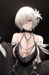 Rule 34 | 1girl, 2b (nier:automata), apron, bare shoulders, black dress, breasts, choker, cleavage, covered eyes, cropped, detached sleeves, dishwasher1910, dress, elbow gloves, flower, fur-trimmed sleeves, fur trim, garter straps, gloves, grey eyes, hair flower, hair ornament, highres, large breasts, long dress, looking at viewer, nier:automata, nier (series), revealing clothes, robot, short hair, side slit, solo, two-sided dress, two-sided fabric, upper body, white flower, white gloves, white hair