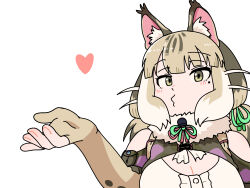 Rule 34 | 1girl, animal ears, bare shoulders, blowing kiss, camouflage, cat ears, cat girl, cat tail, elbow gloves, extra ears, fingerless gloves, gloves, green eyes, grey hair, heart, highres, jacket, jungle cat (kemono friends), kemono friends, kemono friends v project, long hair, looking at viewer, mcgunngu, microphone, parody, ribbon, shirt, simple background, solo, sousou no frieren, tail, twintails, upper body, virtual youtuber