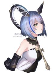 Rule 34 | 1girl, absurdres, armor, azur lane, bare shoulders, blue hair, cross, cross necklace, dress, fleur-de-lis, floating headgear, from side, gascogne (azur lane), greaves, halo, headgear, highres, jewelry, kurono hyouka, looking at viewer, mechanical halo, mechanical hands, necklace, short hair, simple background, solo, strapless, strapless dress, white dress, yellow eyes