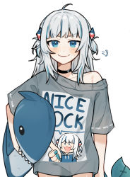 Rule 34 | 1girl, puff of air, absurdres, ahoge, black choker, blue eyes, blue hair, blunt bangs, blush, choker, clothes writing, emne, english text, fins, fish bone, fish tail, gawr gura, grey hair, grey shirt, hair ornament, highres, holding, holding stuffed toy, hololive, hololive english, looking at viewer, medium hair, meme, multicolored hair, nice cock (meme), off shoulder, oversized clothes, shark girl, shark hair ornament, shark tail, shirt, simple background, single bare shoulder, smile, solo, straight-on, streaked hair, stuffed animal, stuffed shark, stuffed toy, t-shirt, tail, thumbs up, two-tone hair, two side up, virtual youtuber, white background