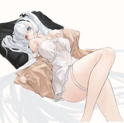 Rule 34 | 1girl, absurdres, azur lane, bed sheet, breasts, elbing (azur lane), hand on own chest, heterochromia, highres, large breasts, looking at viewer, lump saury, pajamas, sketch, twintails, v, white background, white hair