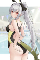 Rule 34 | 1girl, absurdres, arknights, ass, bare arms, bare shoulders, black one-piece swimsuit, black ribbon, breasts, commentary request, cowboy shot, grey hair, hair ribbon, highres, large breasts, long hair, looking at viewer, mango (mgo), one-piece swimsuit, ponytail, pool, red eyes, ribbon, sidelocks, solo, standing, string of flags, swimsuit, tail, thighs, very long hair, weedy (arknights)