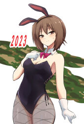 Rule 34 | 1girl, 2023, animal ears, black leotard, blush, bow, bowtie, breasts, brown eyes, brown hair, chinese zodiac, closed mouth, collar, commentary, cowboy shot, detached collar, fake animal ears, fishnet pantyhose, fishnets, girls und panzer, gloves, grey pantyhose, half-closed eyes, hand on own chest, leotard, looking at viewer, medium breasts, nasunael, new year, nishizumi maho, pantyhose, playboy bunny, purple bow, purple bowtie, rabbit ears, short hair, side-tie leotard, smile, solo, standing, strapless, strapless leotard, sweatdrop, white background, white collar, white gloves, wing collar, year of the rabbit