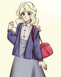 Rule 34 | 1girl, bag, blue jacket, blue skirt, commentary, dcroah, diana cavendish, highres, jacket, little witch academia, looking at viewer, open clothes, open jacket, red bag, shirt, shoulder bag, simple background, skirt, solo, standing, white background, white hair, white shirt