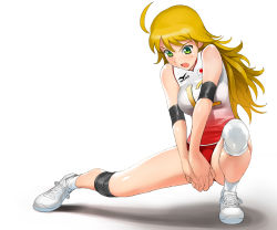 Rule 34 | 00s, 1girl, a1 (initial-g), ahoge, bare shoulders, blonde hair, breasts, female focus, full body, green eyes, highres, hoshii miki, idolmaster, idolmaster (classic), large breasts, legs, long hair, mizuno (brand), playing sports, shoes, sneakers, socks, solo, volleyball, white background, white footwear, white socks