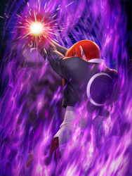 Rule 34 | absurdres, aura, collar, fighting game, fire, flaming hand, glowing, grabbing, hand on another&#039;s neck, highres, jacket, male focus, moon print, multiple boys, neck grab, neck lift, official art, pants, purple fire, pyrokinesis, red hair, snk, standing, strangling, the king of fighters, the king of fighters all-stars, unbuttoned sleeves, yagami iori