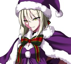 Rule 34 | &gt;:), 1girl, artoria pendragon (fate), blonde hair, breasts, cape, cleavage, fate/grand order, fate (series), fur-trimmed cape, fur trim, hat, highres, medium breasts, saber (fate), saber alter, santa alter, santa costume, santa hat, smile, solo, syuya (syuyananaki), teeth, v-shaped eyebrows, white background, yellow eyes