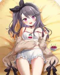 Rule 34 | 1girl, :d, azur lane, bare shoulders, bean bag chair, black choker, black hair, black hairband, bloomers, blush, breasts, brown cardigan, camisole, cardigan, cherry, cherry print, choker, cleavage, collarbone, commentary, cowboy shot, crop top, food, food print, fruit, groin, hair between eyes, hairband, highres, holding, holding food, holding fruit, kiki-yu, long hair, looking at viewer, lying, medium breasts, midriff, off shoulder, official alternate costume, on back, one side up, open cardigan, open clothes, open mouth, pamiat merkuria (azur lane), pamiat merkuria (sweet cherry memories) (azur lane), purple eyes, shadow, sidelocks, smile, solo, strap slip, swept bangs, teeth, underwear, upper teeth only, white bloomers, white camisole