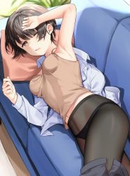 Rule 34 | 1girl, absurdres, arm up, armpits, black hair, black panties, black pantyhose, bow, bow panties, breasts, brown camisole, camisole, clothes pull, couch, dress shirt, fine fabric emphasis, from above, hand on forehead, highres, indoors, looking at viewer, lying, moire, mukuro usss, on couch, on side, one eye closed, open clothes, open shirt, open skirt, original, panties, panties under pantyhose, pantyhose, parted lips, shirt, short hair, skirt, skirt pull, sleeveless, small breasts, solo, underwear, white shirt