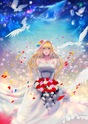 Rule 34 | 1girl, :o, bare shoulders, bird, blonde hair, blue rose, bouquet, breasts, bridal veil, bride, bubble, collarbone, crying, crying with eyes open, dove, dress, elbow gloves, flower, gloves, gown, green eyes, hair flower, hair ornament, highres, large breasts, long dress, long hair, open mouth, original, petals, pink rose, red rose, rose, sky, solo, standing, star (sky), starry sky, strapless, strapless dress, syozui, tears, upper body, v arms, veil, water, waving, wedding dress, white dress, white gloves, white rose, yellow rose